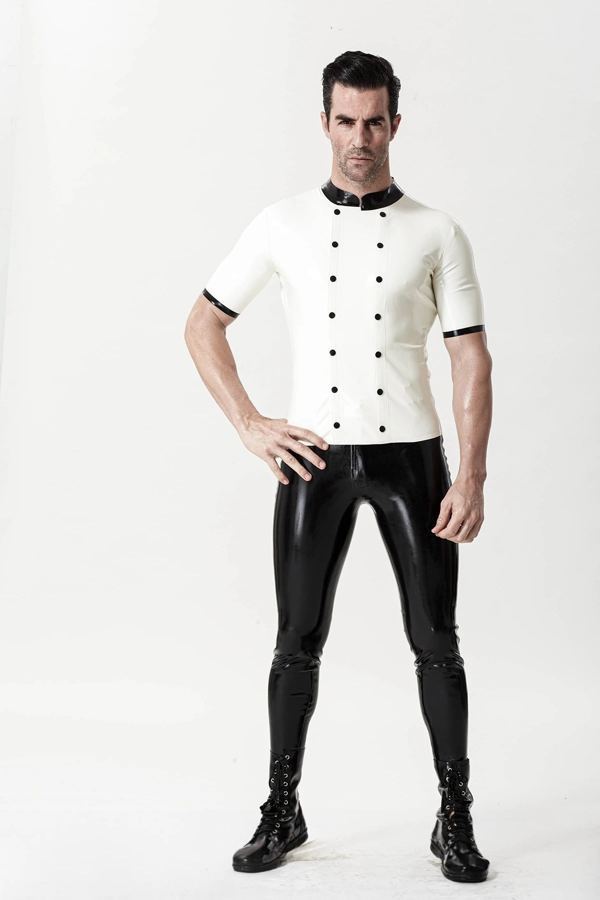 White, trim color is Black Male 'Medic' Latex Shirt