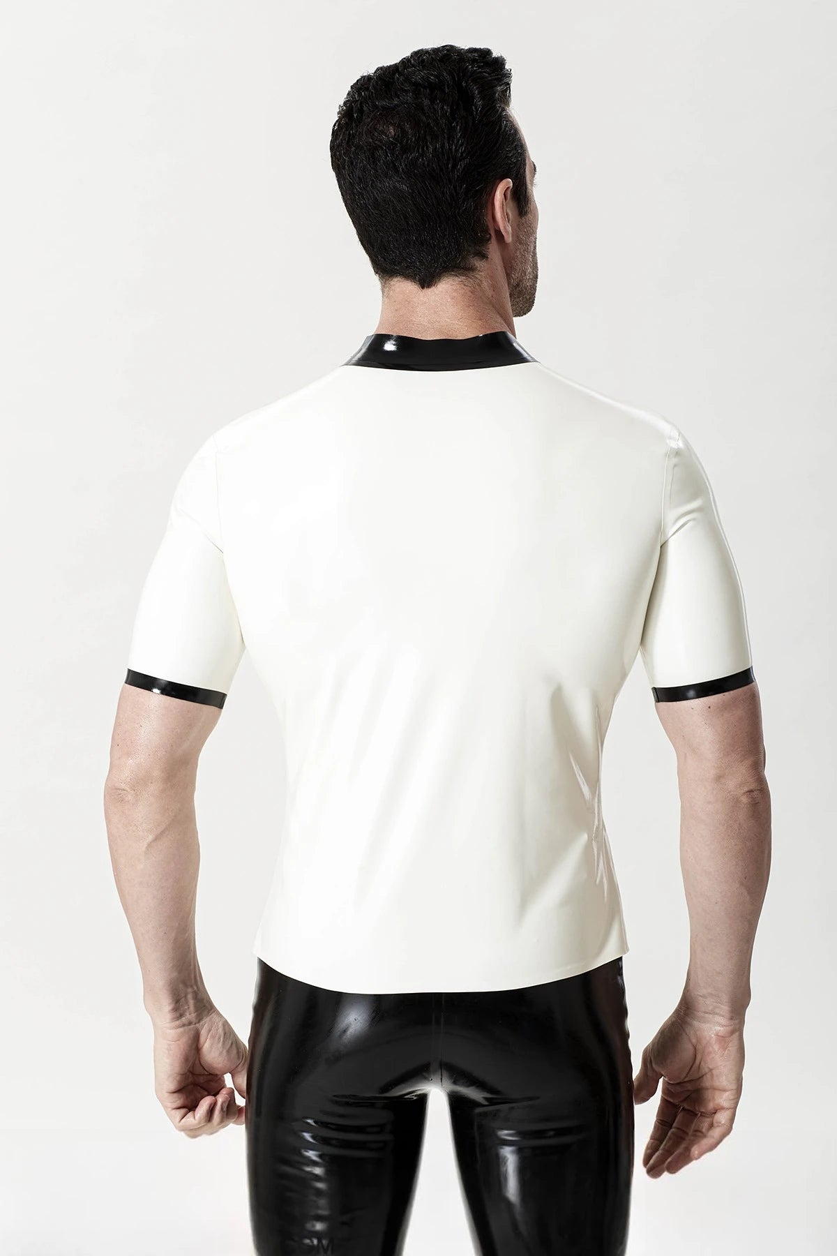 White, trim color is Black Male 'Medic' Latex Shirt