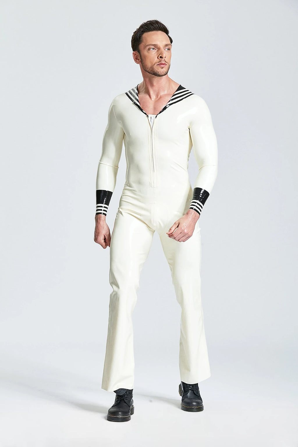 White, trim color is Black Male Latex 'Ship Ahoy' Jumpsuit