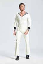 White, trim color is Black Male Latex 'Ship Ahoy' Jumpsuit
