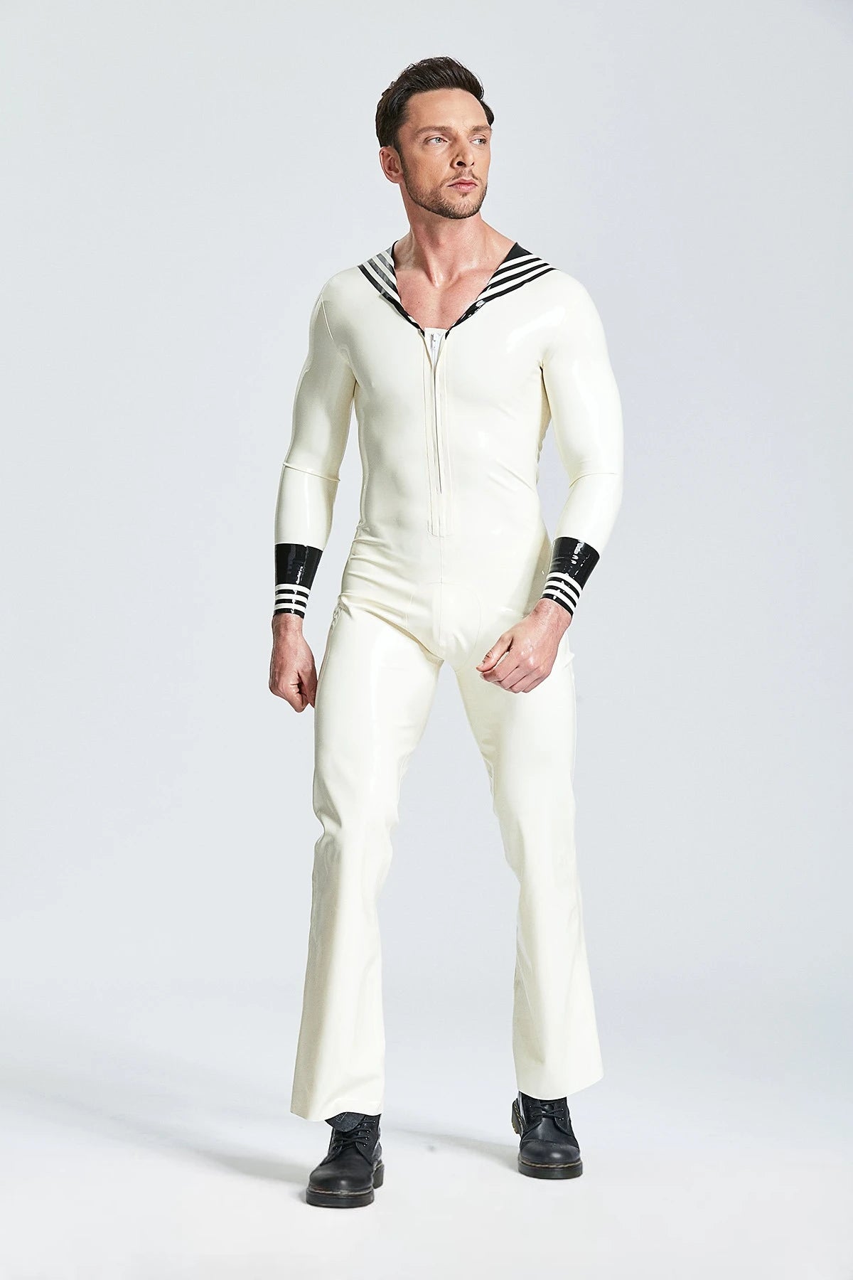 White, trim color is Black Male 'Ship Ahoy' Latex Jumpsuit