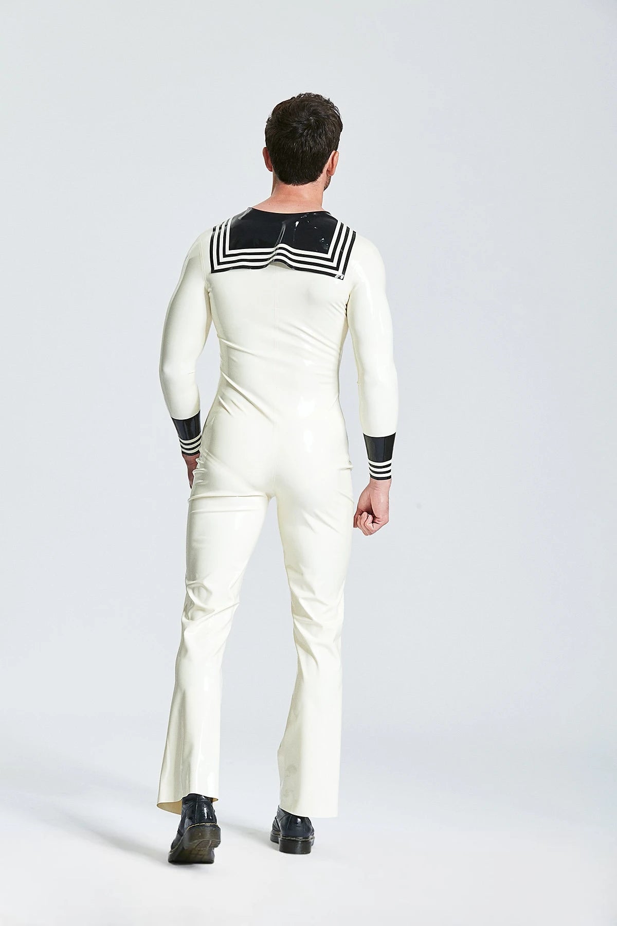 White, trim color is Black Male 'Ship Ahoy' Latex Jumpsuit