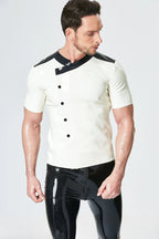 White, trim color is Black Male Latex 'Ship Waiter' Tunic Shirt