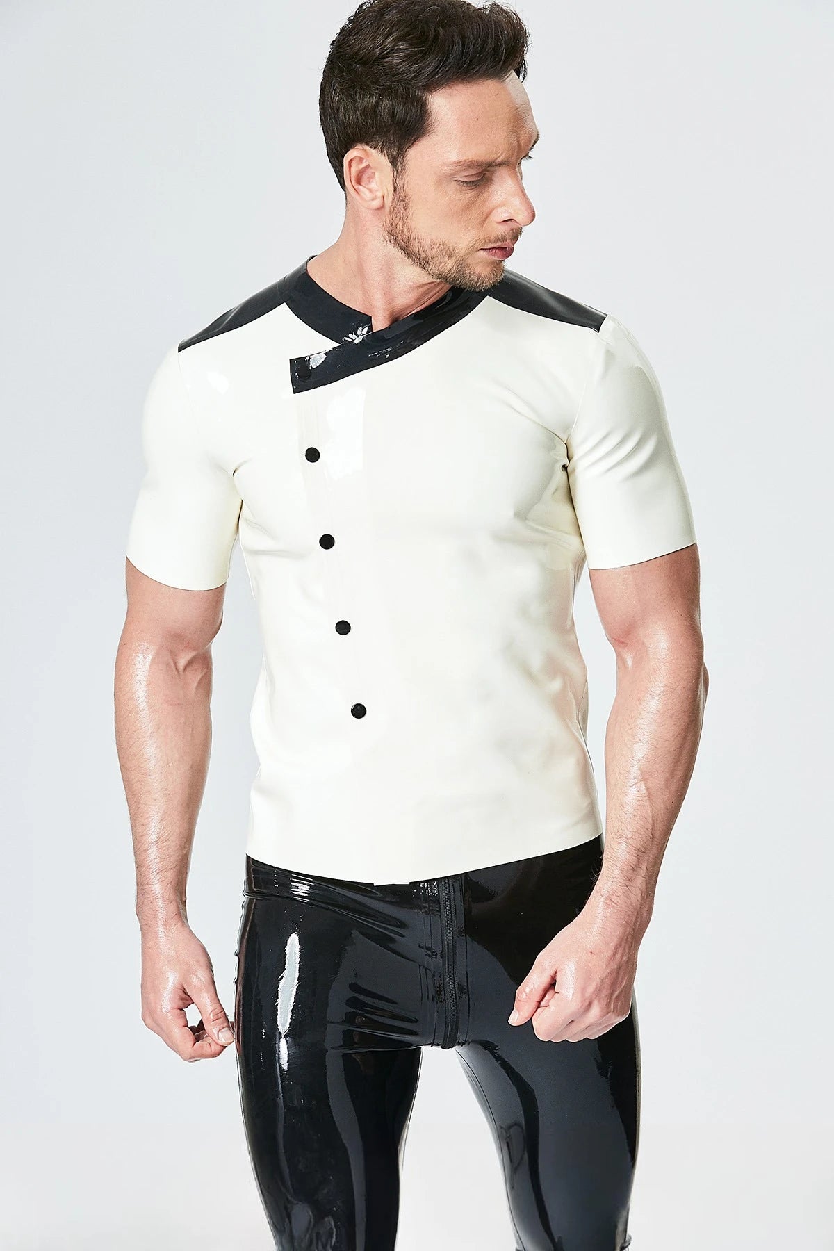 White, trim color is Black Male Latex 'Ship Waiter' Tunic Shirt