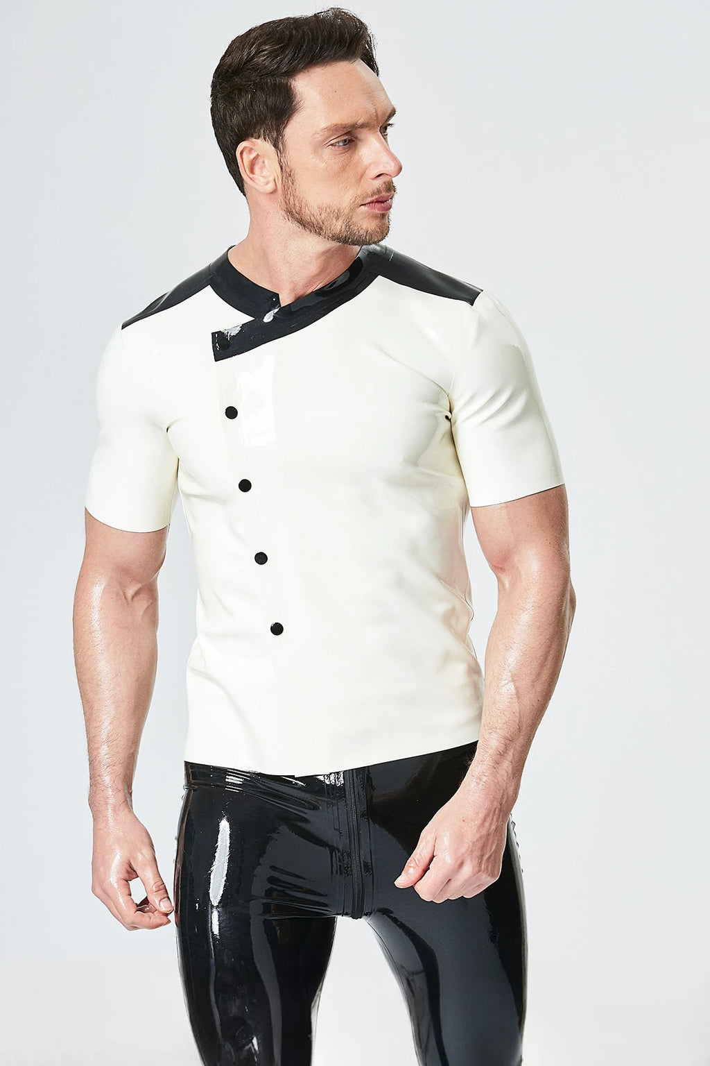 White, trim color is Black Male Latex 'Ship Waiter' Tunic Shirt