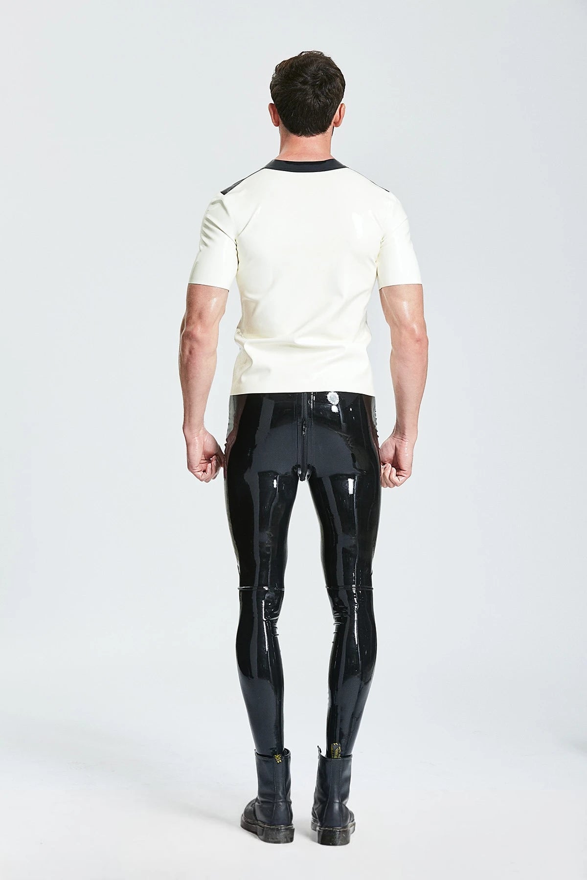 White, trim color is Black Male Latex 'Ship Waiter' Tunic Shirt