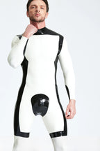 White, trim color is Black Male 'White Knight' Back Zip Latex Catsuit