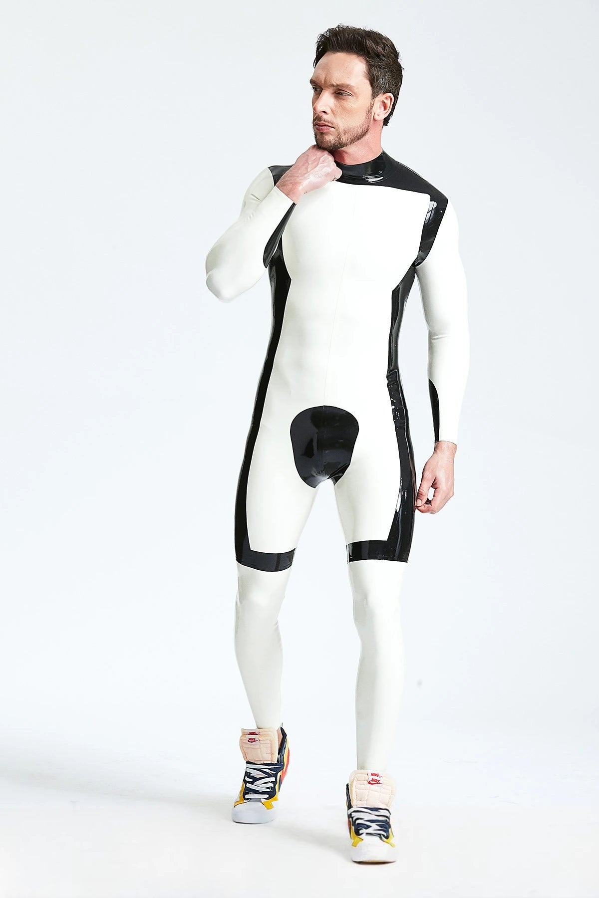 White, trim color is Black Male 'White Knight' Back Zip Latex Catsuit