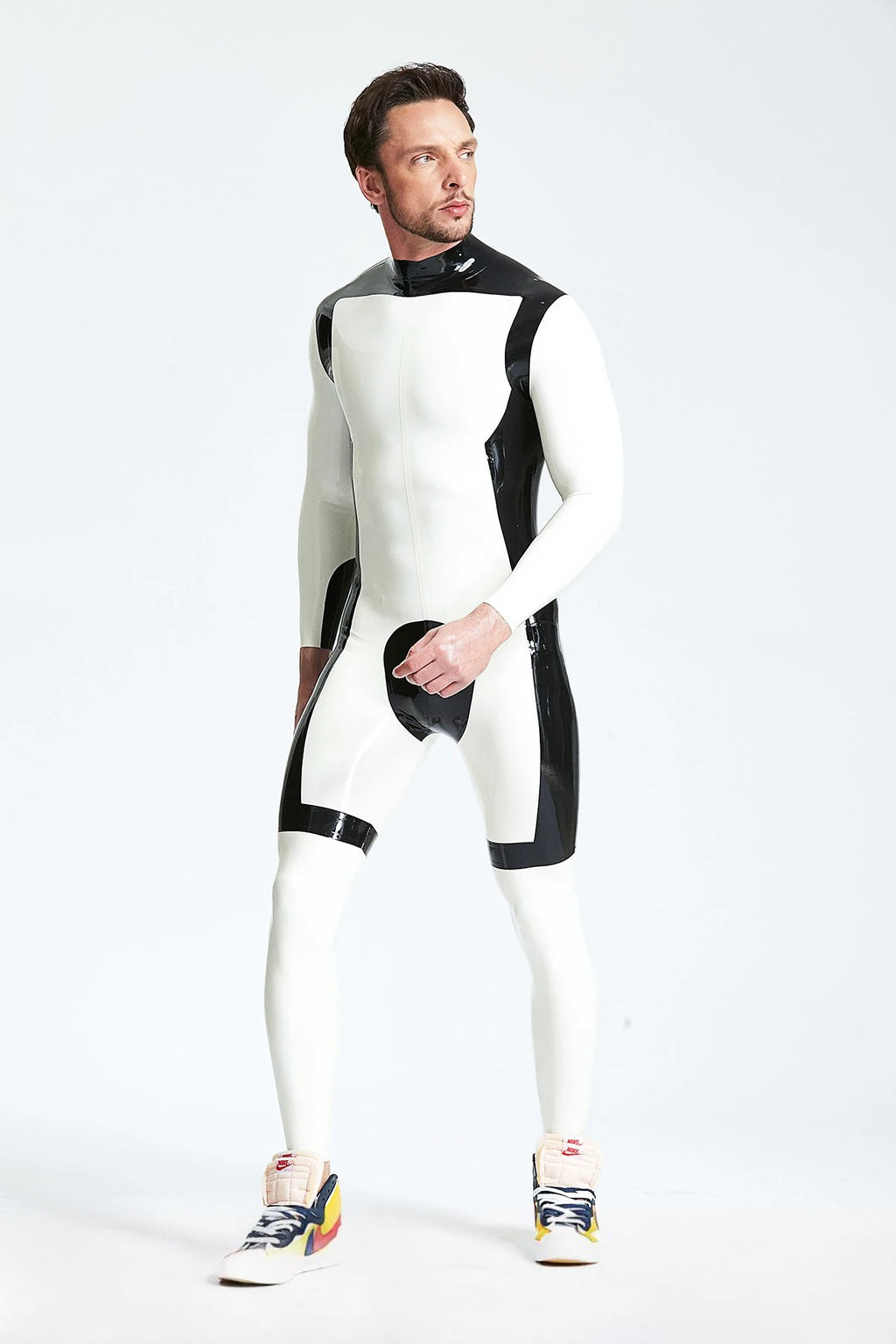 White, trim color is Black Male 'White Knight' Back Zip Latex Catsuit