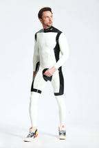 White, trim color is Black Male 'White Knight' Back Zip Latex Catsuit