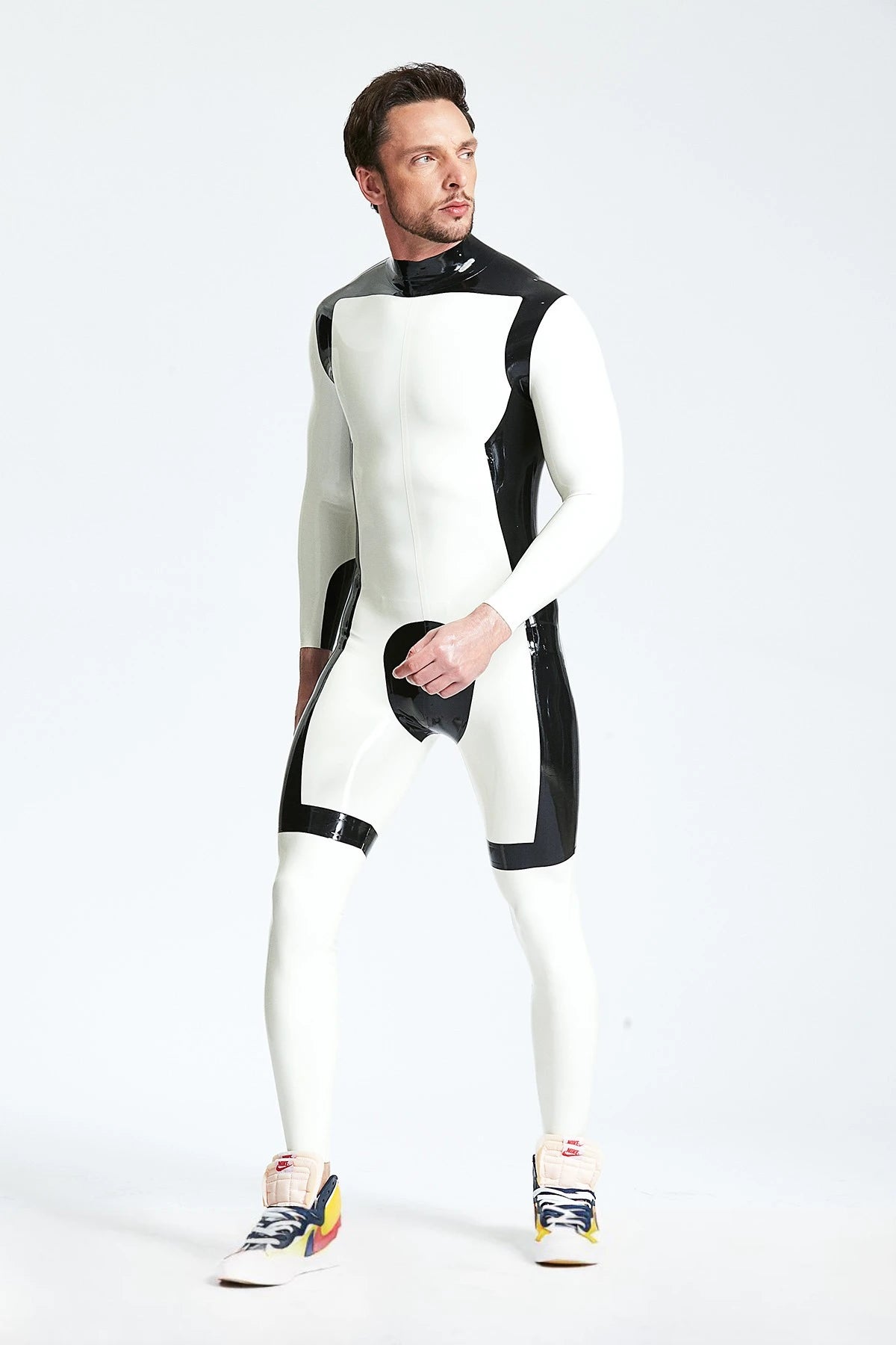White, trim color is Black Male 'White Knight' Back Zip Latex Catsuit