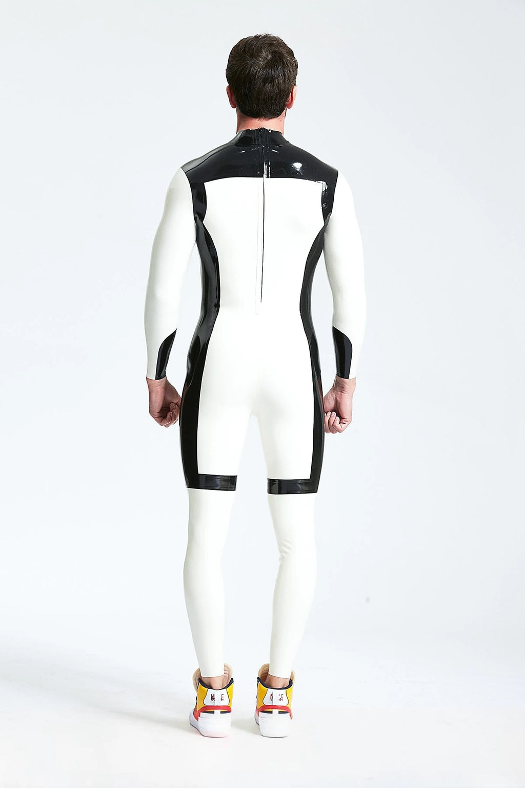 White, trim color is Black Male 'White Knight' Back Zip Latex Catsuit
