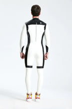 White, trim color is Black Male 'White Knight' Back Zip Latex Catsuit