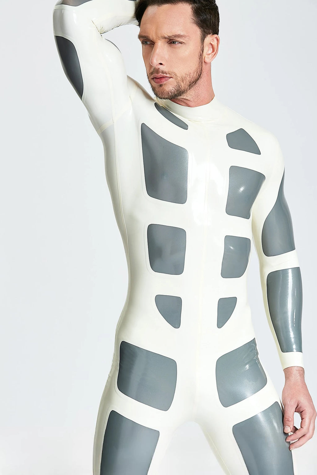 White, trim color is Metallic Silver Male 'Silver Streak'  Latex Catsuit