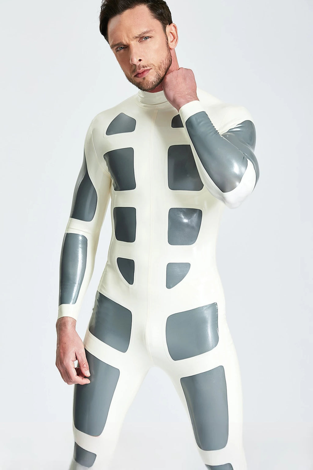 White, trim color is Metallic Silver Male 'Silver Streak'  Latex Catsuit