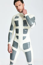 White, trim color is Metallic Silver Male 'Silver Streak'  Latex Catsuit