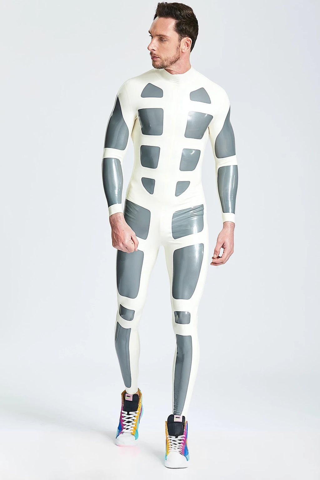 White, trim color is Metallic Silver Male 'Silver Streak'  Latex Catsuit