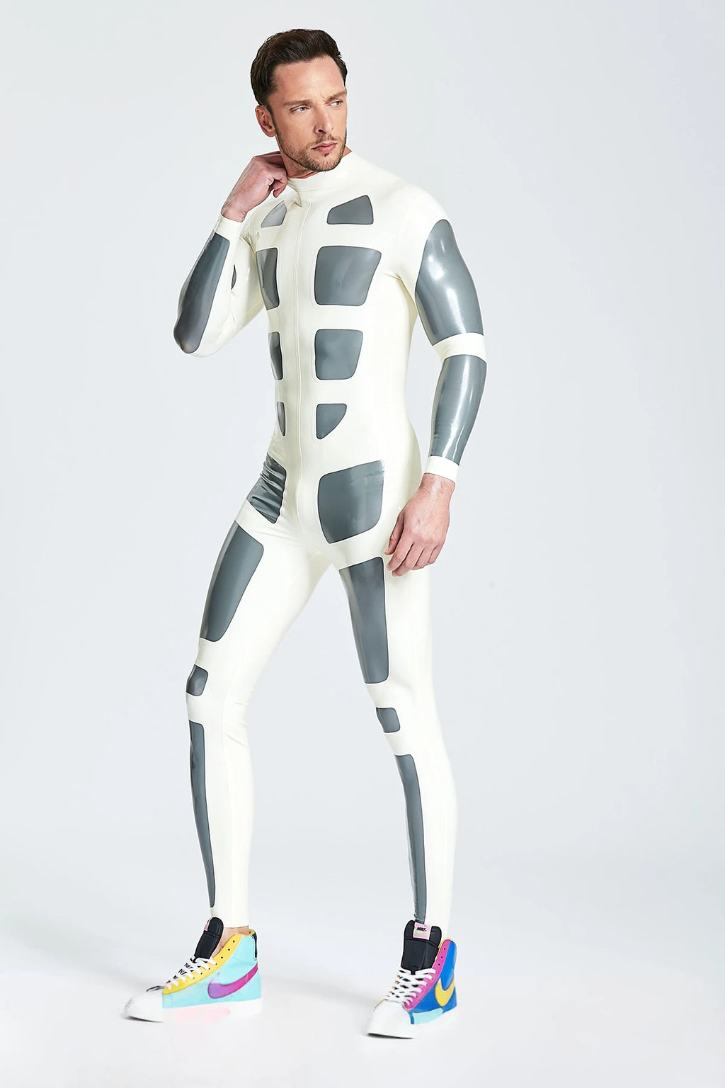 White, trim color is Metallic Silver Male 'Silver Streak'  Latex Catsuit