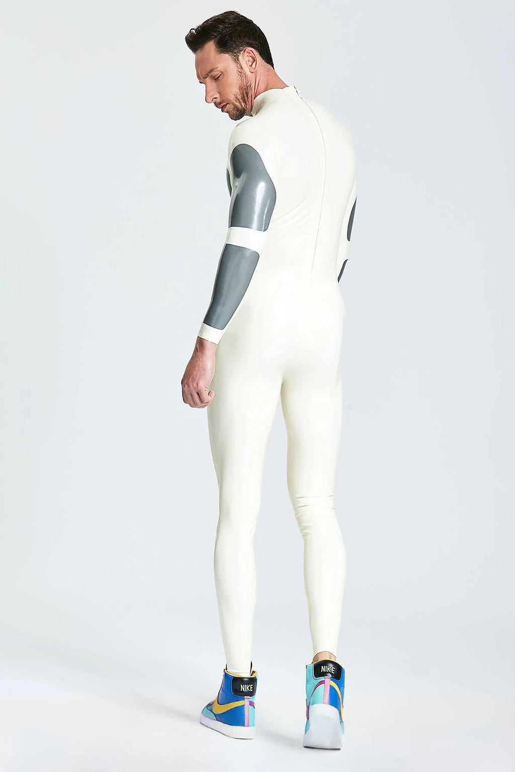 White, trim color is Metallic Silver Male 'Silver Streak'  Latex Catsuit