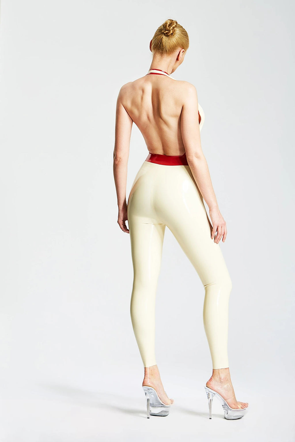 White, trim color is Red Deep V Sexy Pencil Latex Pantsuit