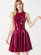 Wine Latex Dress — Chest Bow, Open Back