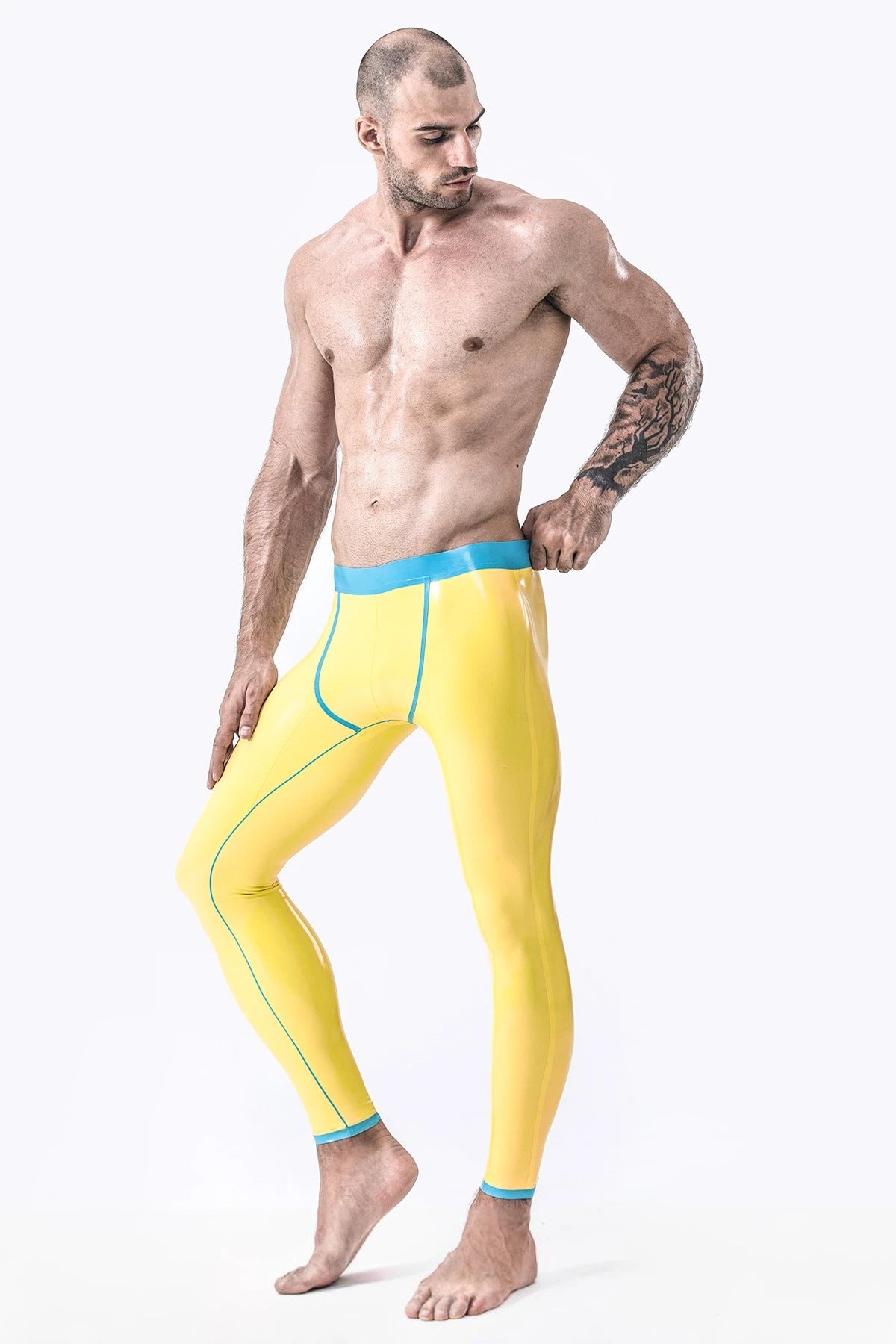 Yellow, secondary color is Light Blue Male Fitness Muscle Latex Leggings