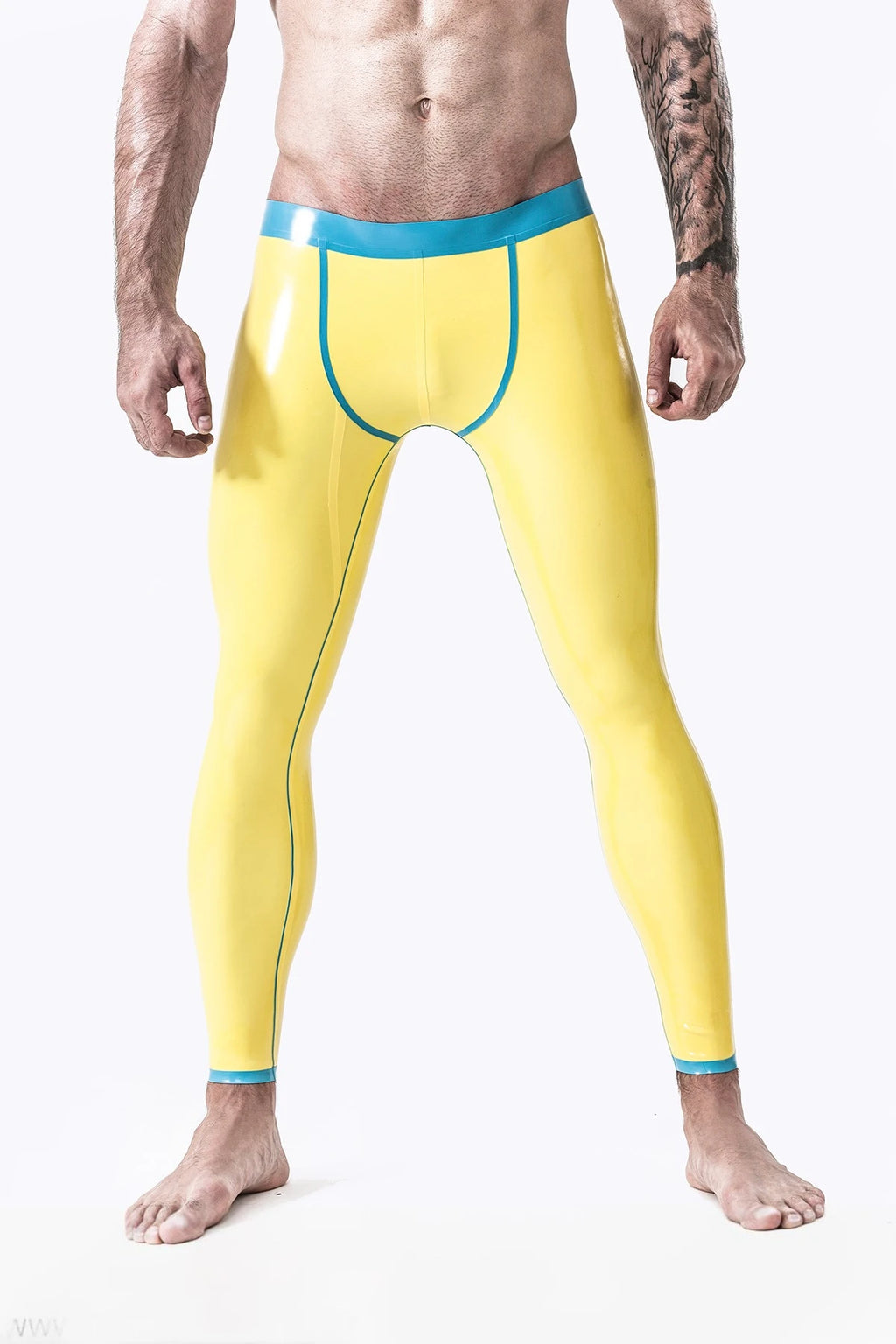 Yellow, secondary color is Light Blue Male Fitness Muscle Latex Leggings