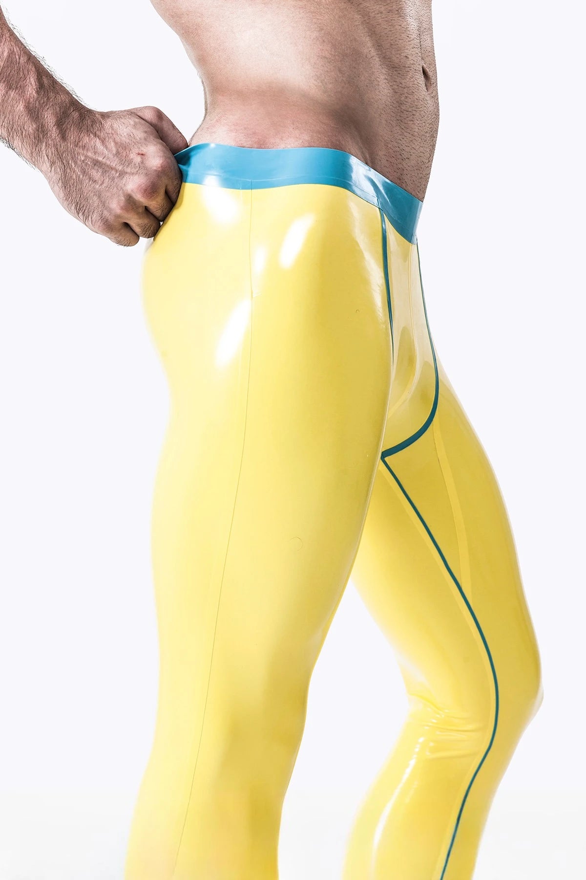 Yellow, secondary color is Light Blue Male Fitness Muscle Latex Leggings