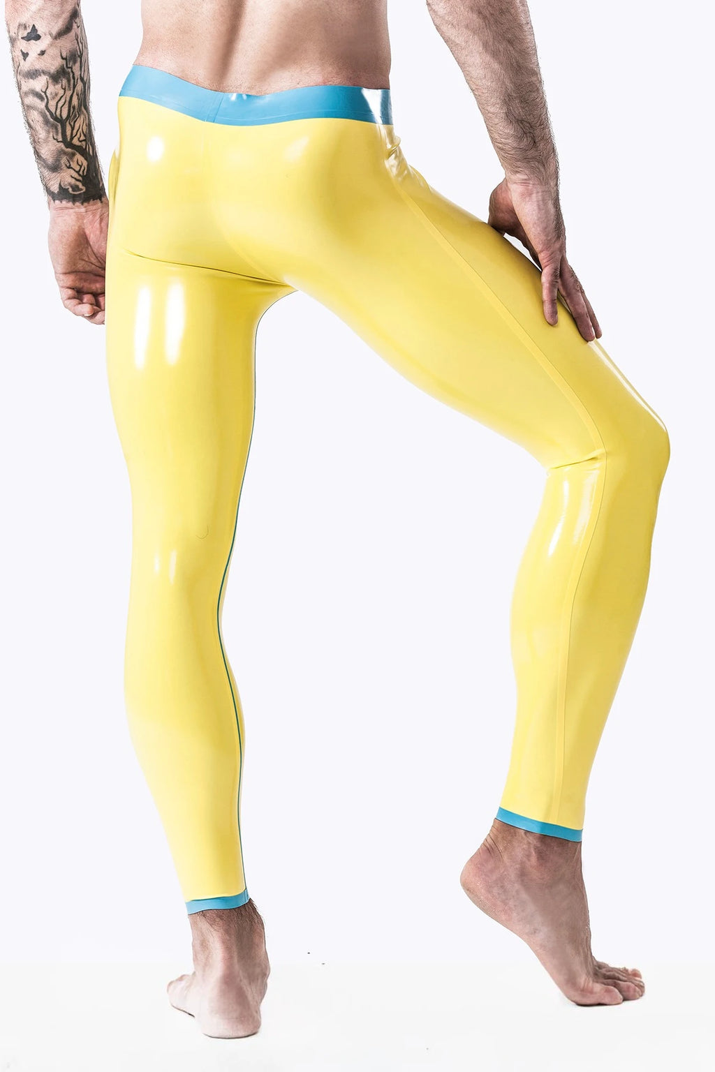 Yellow, secondary color is Light Blue Male Fitness Muscle Latex Leggings