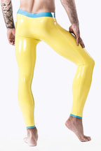 Yellow, secondary color is Light Blue Male Fitness Muscle Latex Leggings