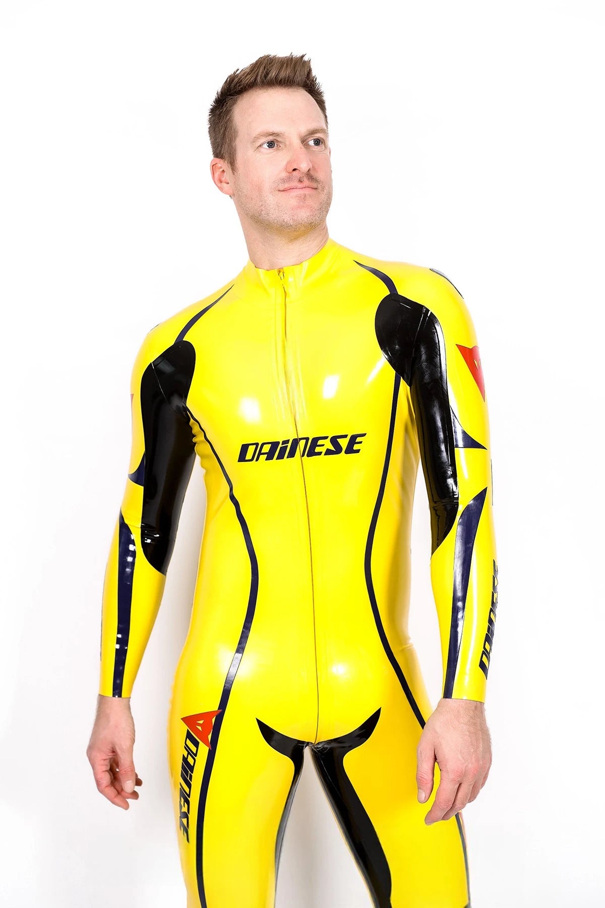Yellow Male Brand Name Motorcycle Style Latex Catsuit