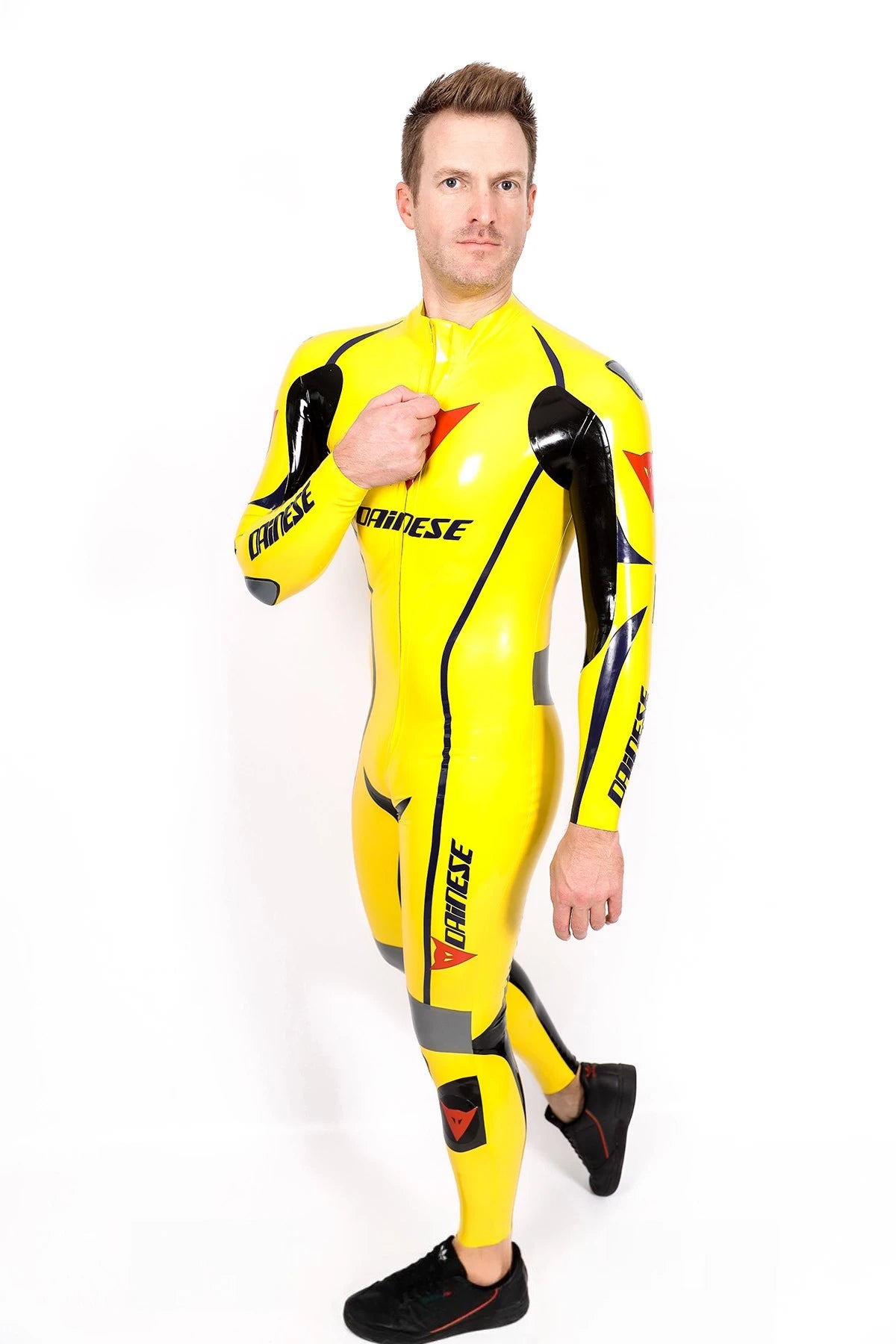 Yellow Male Brand Name Motorcycle Style Latex Catsuit