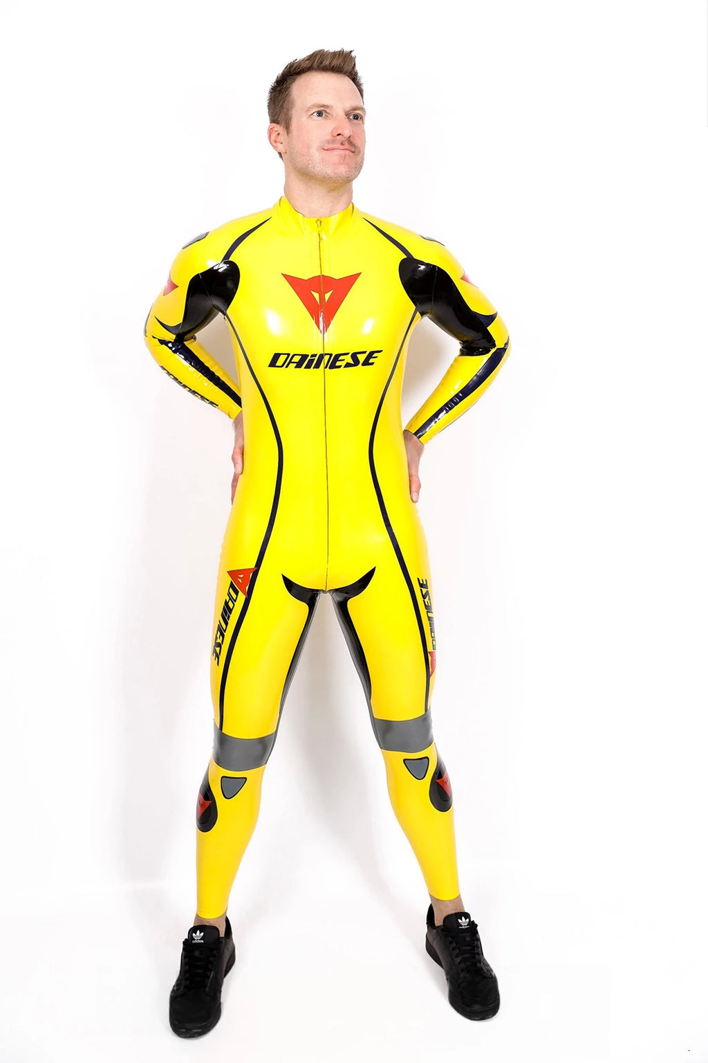 Yellow Male Brand Name Motorcycle Style Latex Catsuit