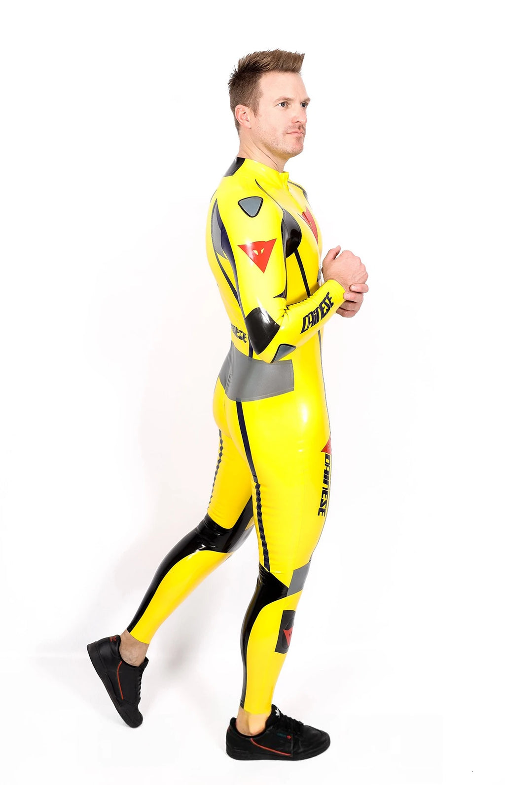 Yellow Male Brand Name Motorcycle Style Latex Catsuit