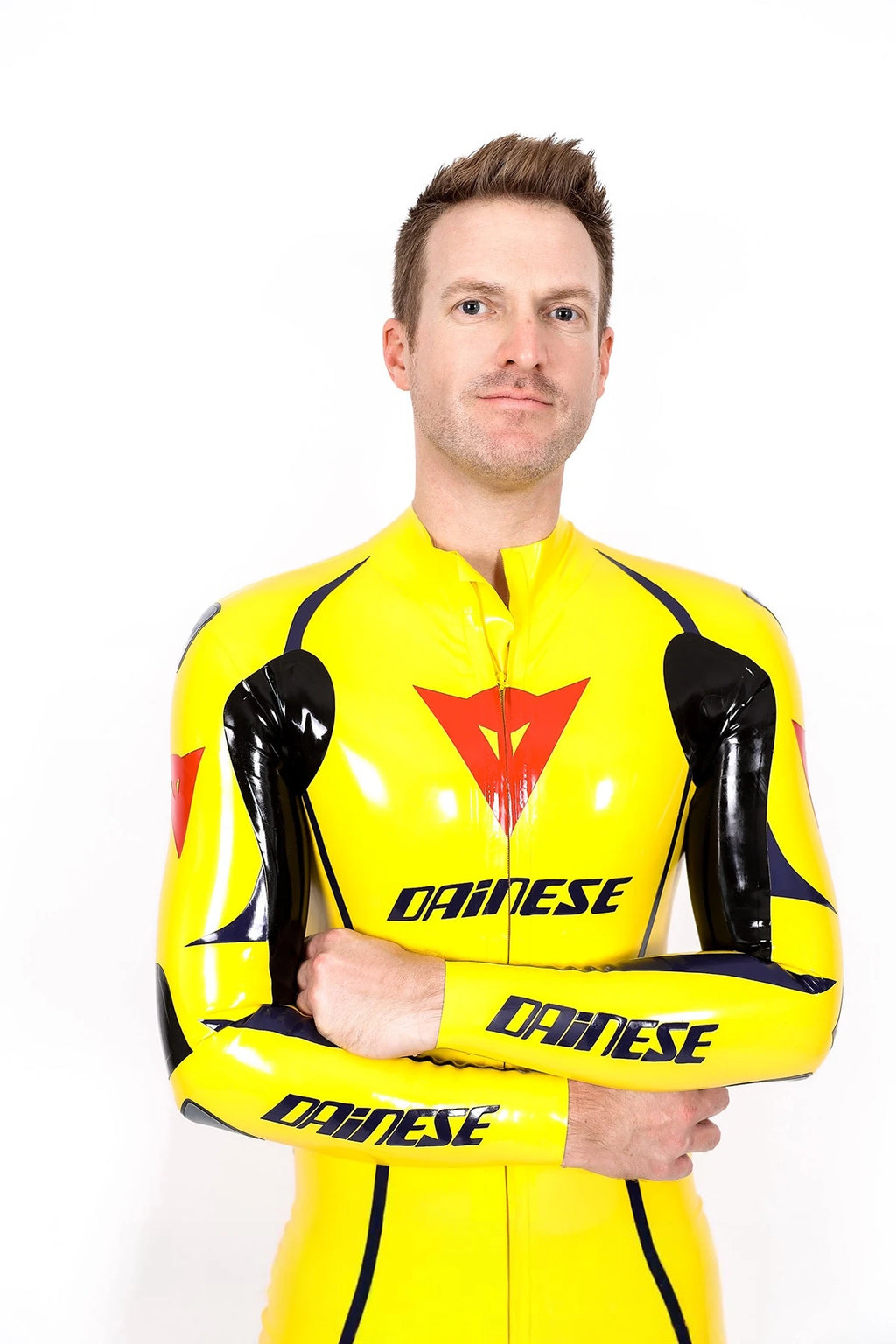 Yellow Male Brand Name Motorcycle Style Latex Catsuit