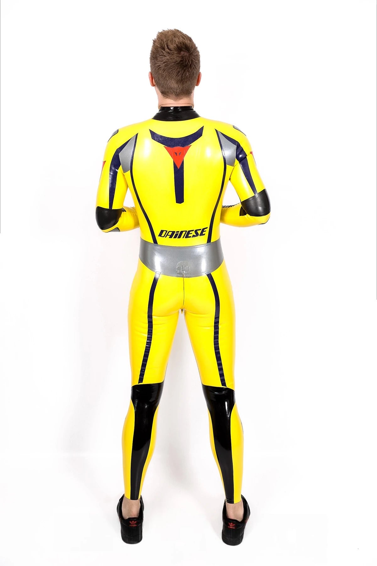 Yellow Male Brand Name Motorcycle Style Latex Catsuit