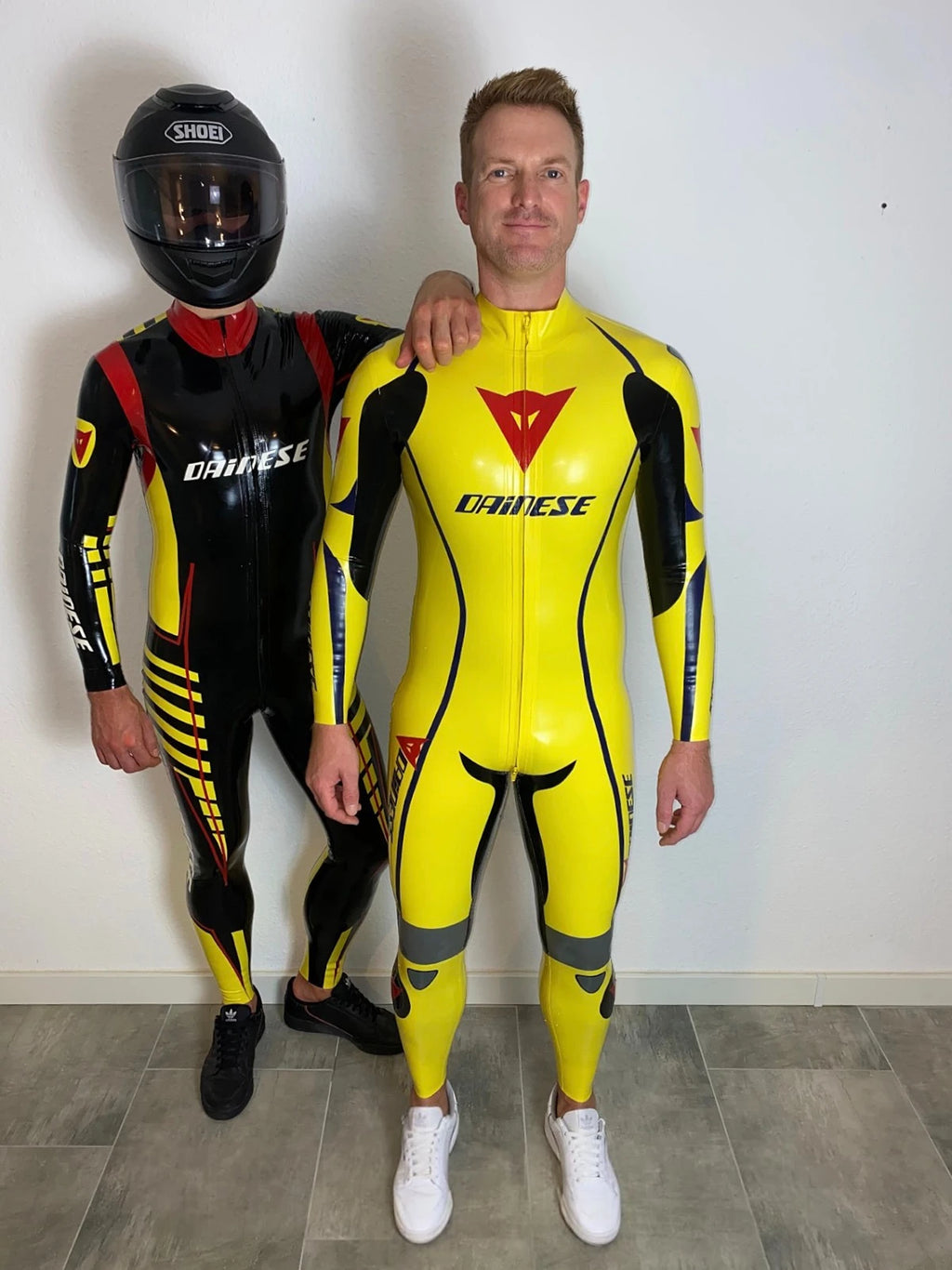 Yellow Male Brand Name Motorcycle Style Latex Catsuit