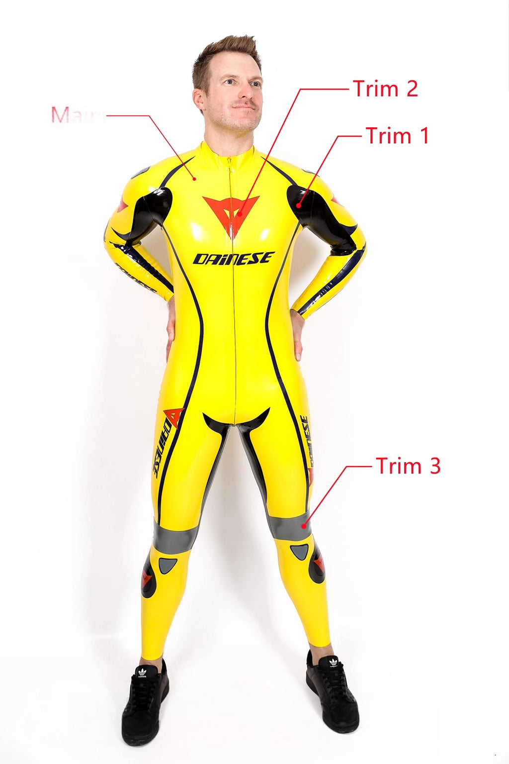 Yellow Male Brand Name Motorcycle Style Latex Catsuit