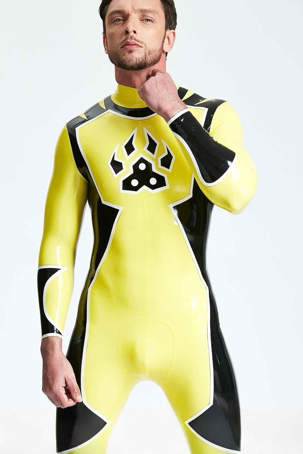 Yellow Male 'Galactica' Back Zip Latex Catsuit