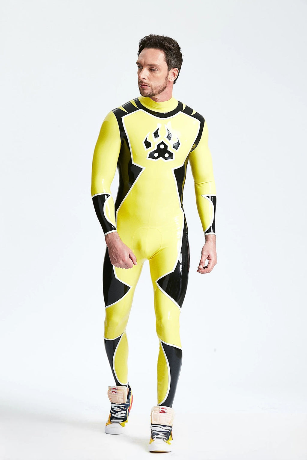 Yellow Male 'Galactica' Back Zip Latex Catsuit