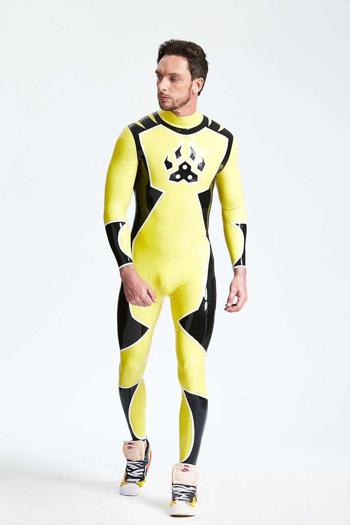 Yellow Male 'Galactica' Back Zip Latex Catsuit