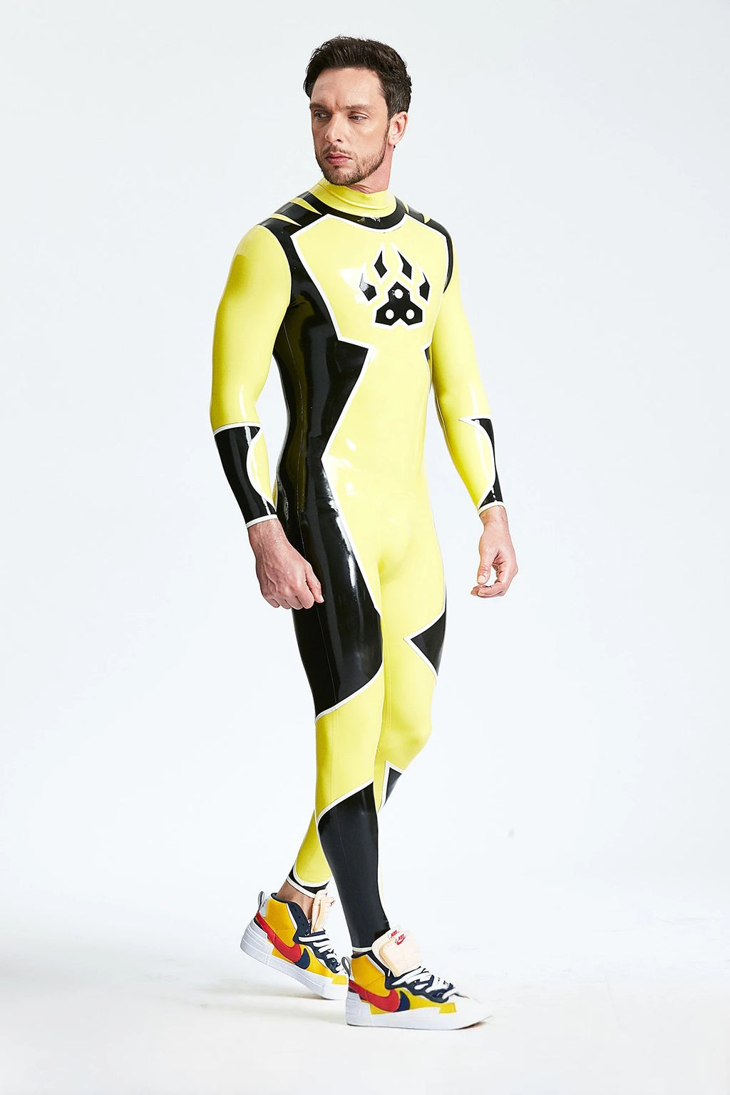 Yellow Male 'Galactica' Back Zip Latex Catsuit