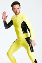 Yellow, trim color is Black Male 'Bio' Rubber Latex Catsuit