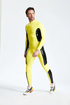 Yellow, trim color is Black Male 'Bio' Rubber Latex Catsuit