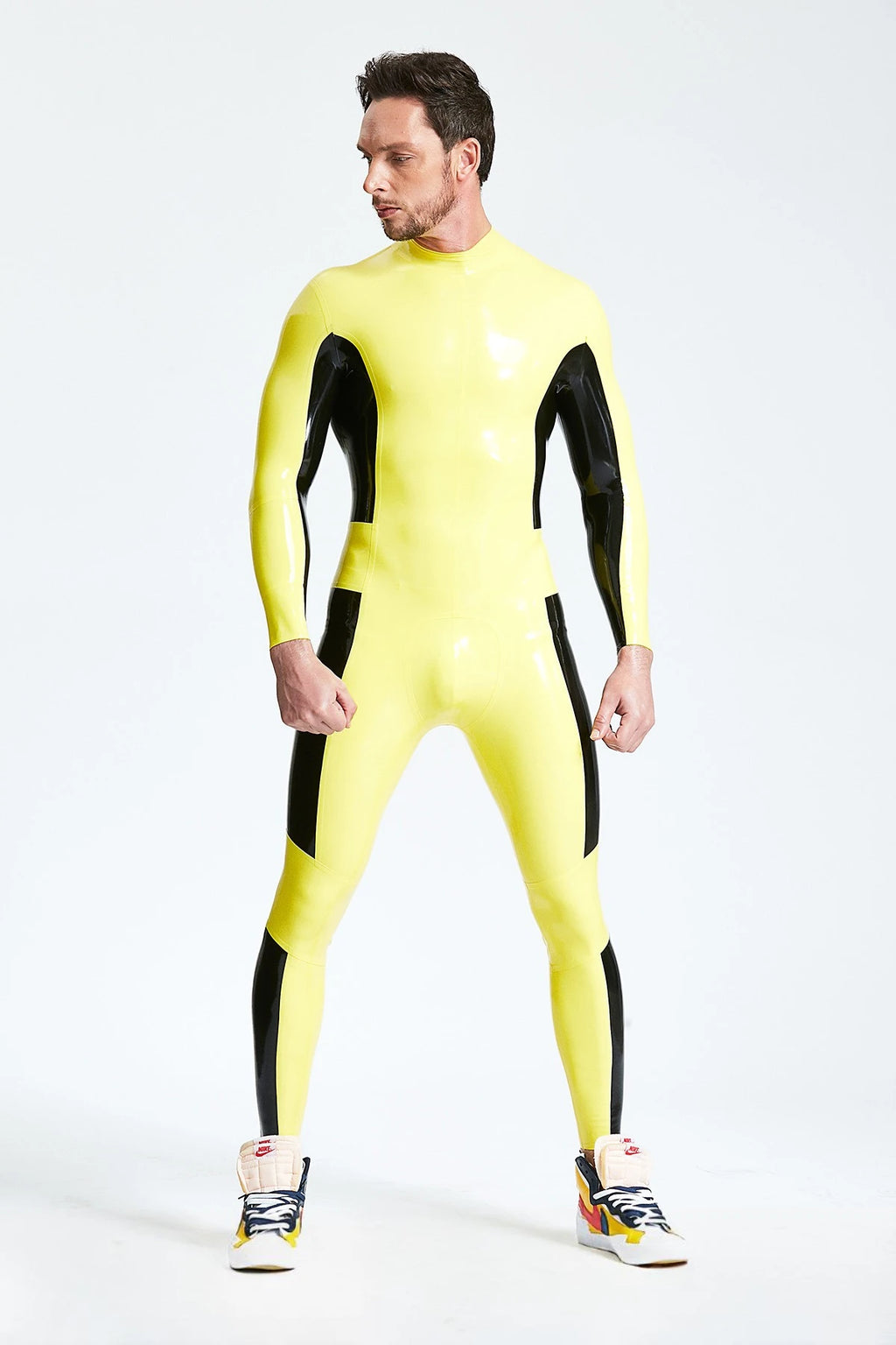 Yellow, trim color is Black Male 'Bio' Rubber Latex Catsuit