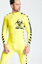 Yellow, trim color is Black Male 'Biohazard' Latex Catsuit