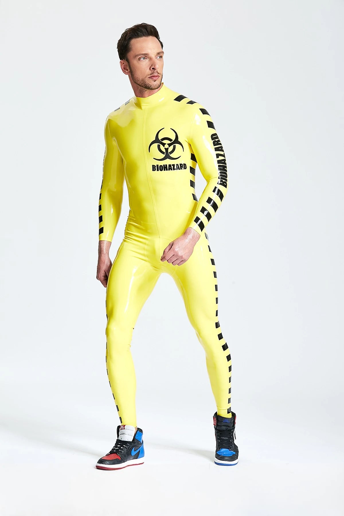 Yellow, trim color is Black Male 'Biohazard' Latex Catsuit