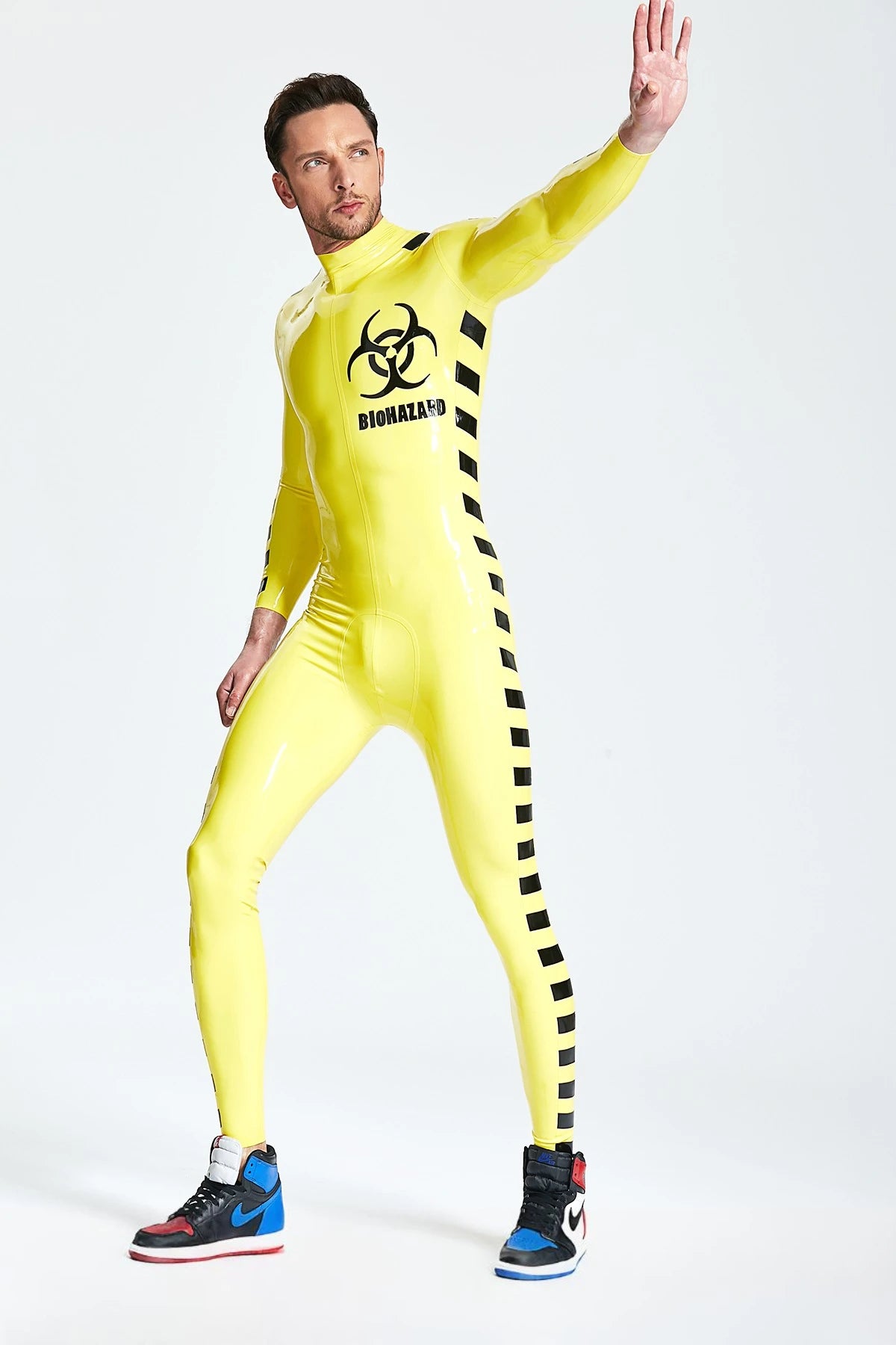 Yellow, trim color is Black Male 'Biohazard' Latex Catsuit