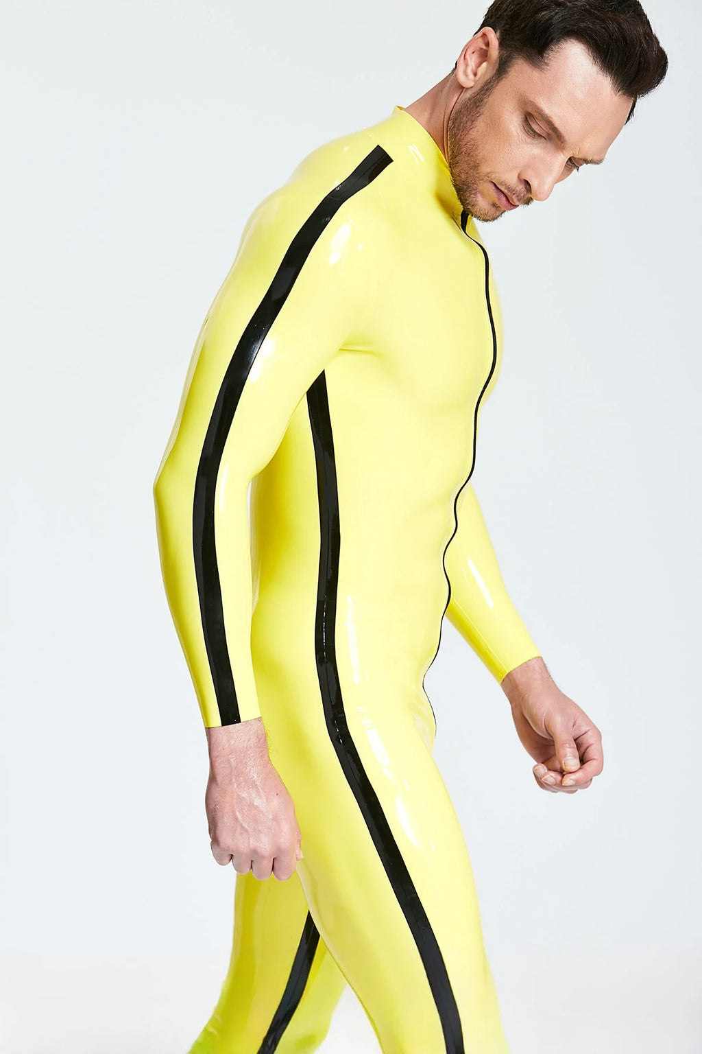 Yellow, trim color is Black Male Contrast Strips Latex Catsuit