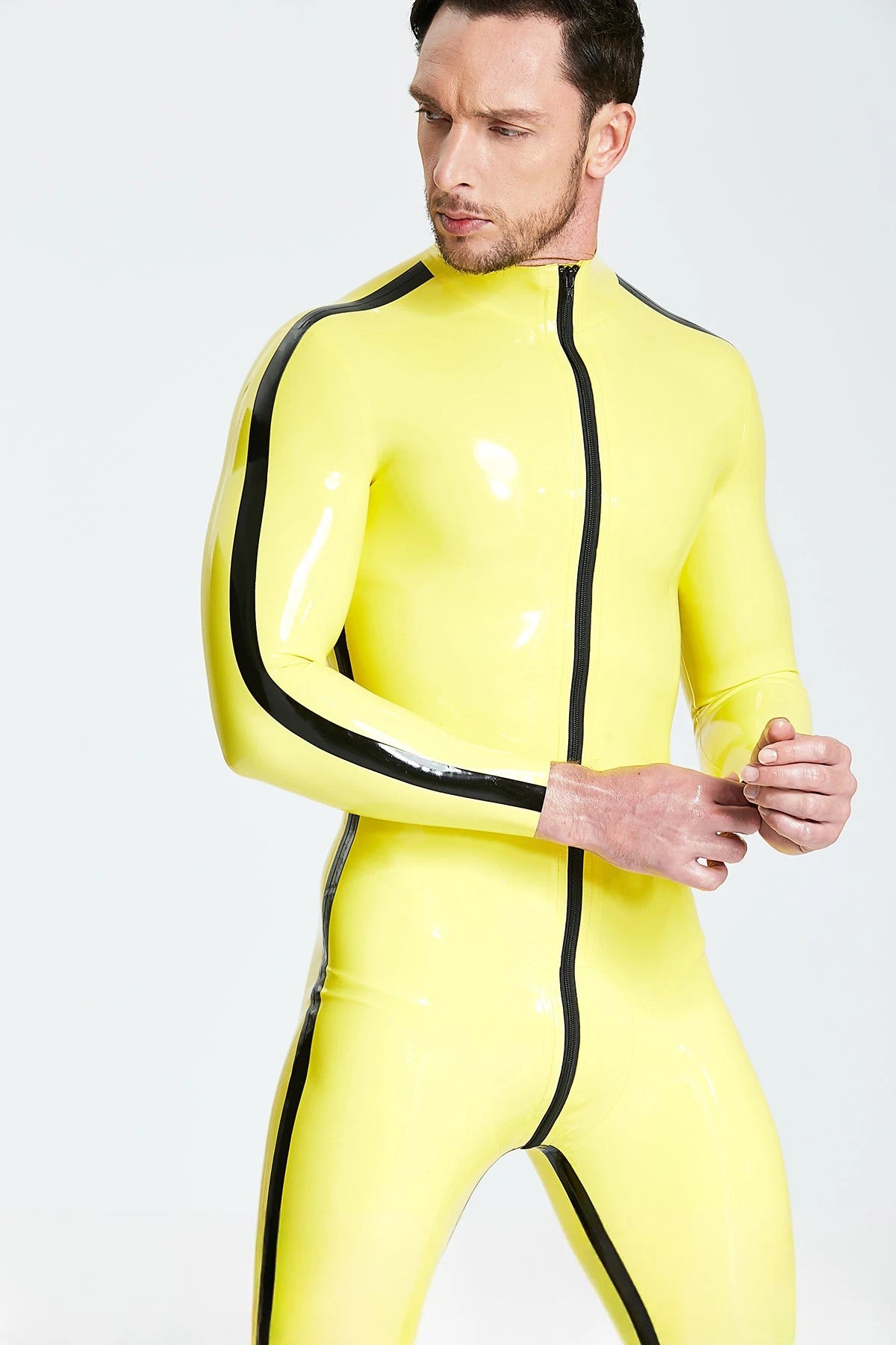 Yellow, trim color is Black Male Contrast Strips Latex Catsuit